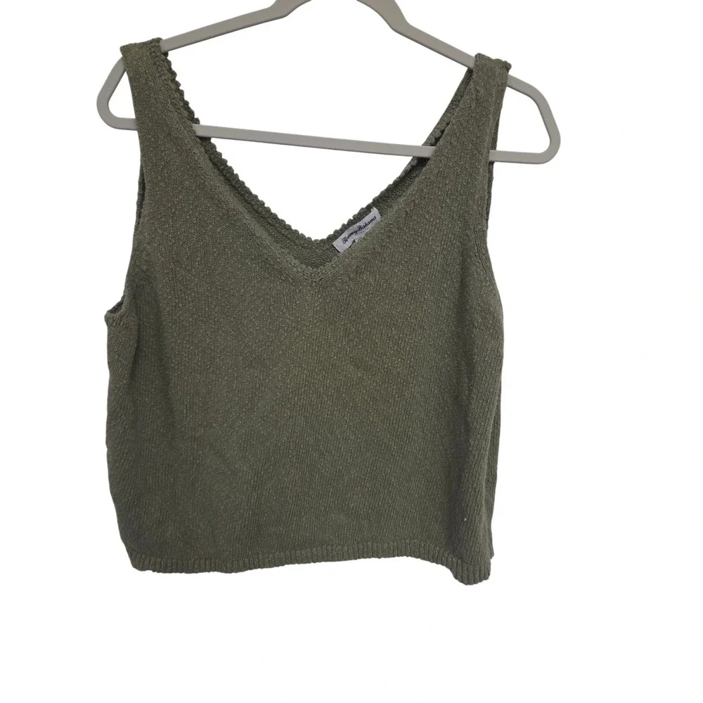 Tommy Bahama Womens Olive‎ Green V-Neck Knit Sweater Tank Top XL Scalloped Trim